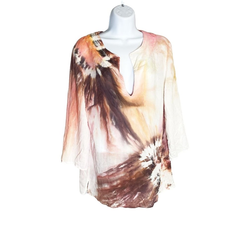 NWT Brightly Twisted Boho Soft V Neck 3/4 Sleeve Tie-Dye Flowy Blouse Top Sz XS